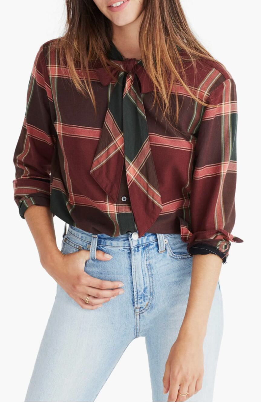 MADEWELL Plaid Tie Neck Shirt Button Down Top // XS